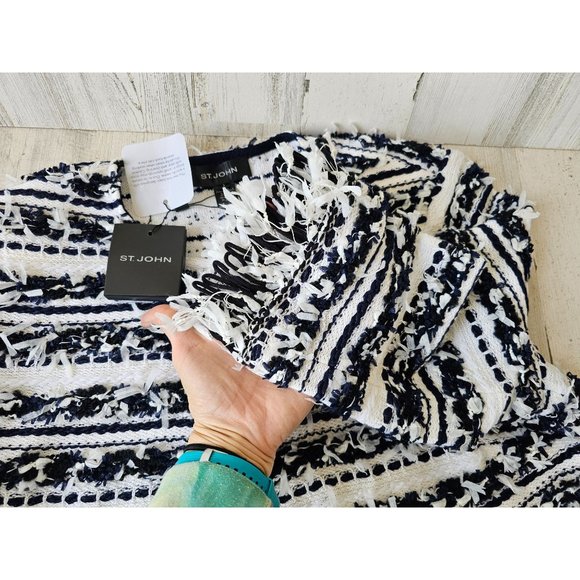 St John knit new jacket pullover‎ women's fringe L striped black blue white fun - Picture 5 of 7